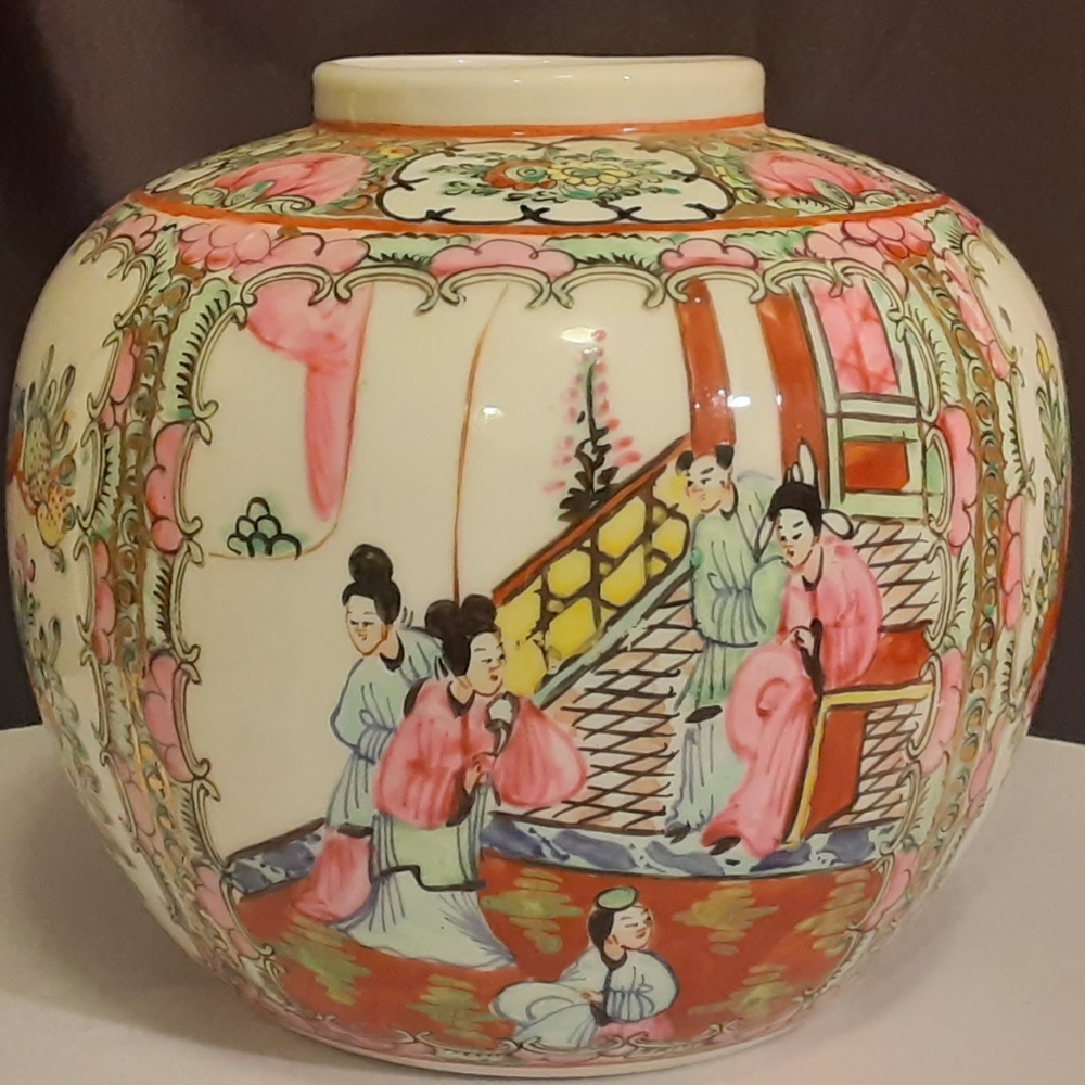 Vintage Famille Rose Medallion Porcelain Ginger Jar Vase (no lid) Floral Scene
